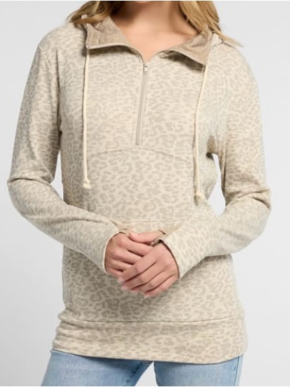 Women's Cream Leopard Half-Zip Pullover Hoodie